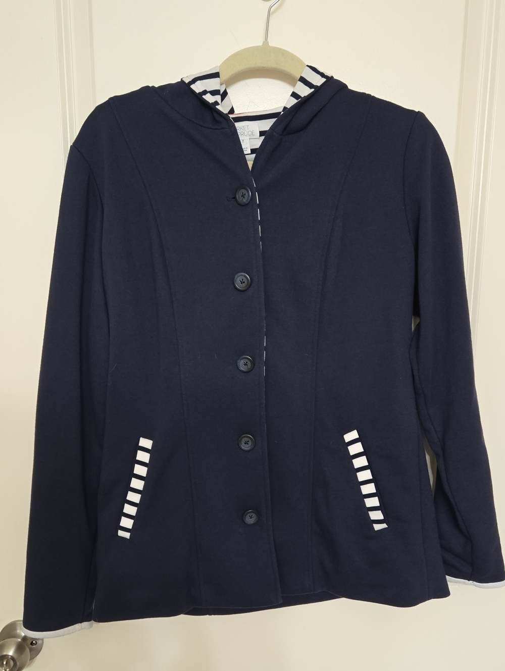 Market & Spruce Navy Hooded Button Jacket with Striped Trim